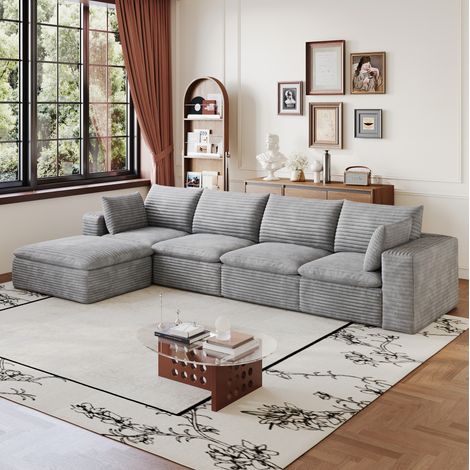 Canapé modulable 4 places avec ottoman, sans cadre en bois, rembourrage en mousse, gris