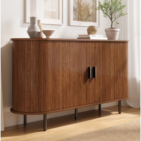 Sideboard 140x40x75 cm en MDF et panneaux de particules, noyer, portes coulissantes – MEUBLIV (1/5)