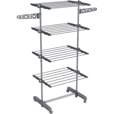 Collapsible Four-Shelf Clothes Drying Rack with Side Arms and Wheels - Grey Color