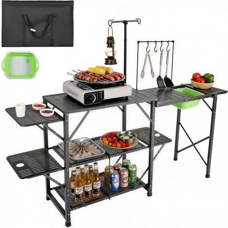 Cuisine de Camping 174 x 50 x 160 cm Table de Camping Pliable Structure en Alu 5 Comptoirs Meuble de Cuisine avec Sac de Transport Évier Amovible Installation Facile pour BBQ Pique-Nique Jardin (1/5)