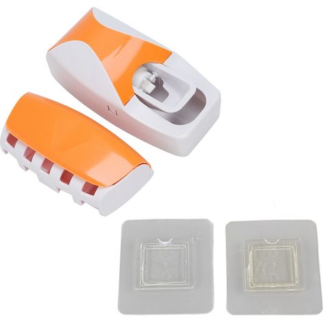 Distributeur automatique de dentifrice mural orange, kit presse-tube et porte-brosse à dents pour salle de bain familiale. (1/5)