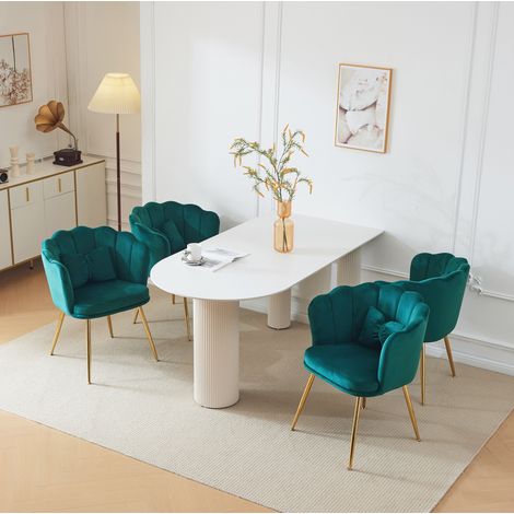Set di 4 sedie in velluto verde con schienale a petalo, gambe metalliche dorate, 63 x 58 x 77 cm (1/5)