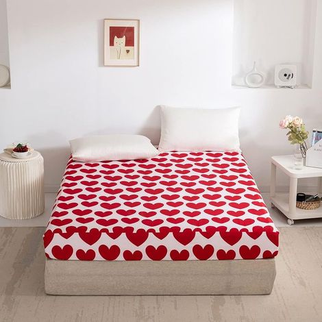 Drap-housse 140x200cm motif coeurs doux rouge drap-housse en microfibre douce à sommier tapissier adapté aux matelas de 30cm (1/5)