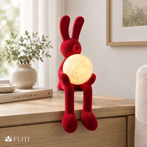 FLITI Nachtlicht, Hase mit Mond, Kunstharzskulptur, Wohndekoration, sanftes und warmes Licht, Vintage-Rot (1/5)