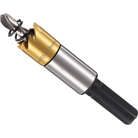 Kit de Trépan 28mm (1-3/32"), Trépan en Acier Rapid 4341 avec Foret Centreur, Clé Hexagonale et Ressort - pour Métaux Tendres, Bois, Plastique, Placoplâtre, Panneaux PVC, Or (1/5)