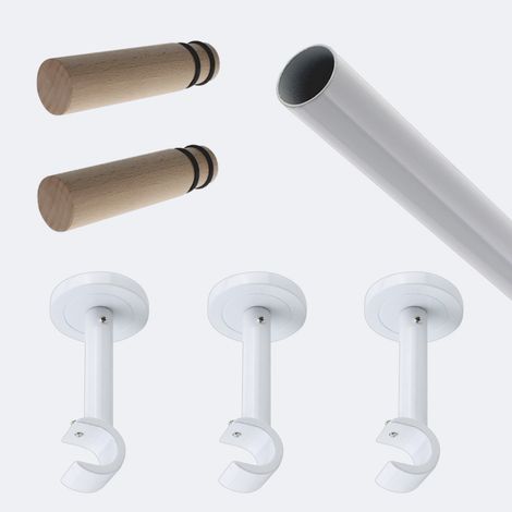 Kit de tringle à rideaux Blanc 250cm Diam.20mm Embout Cylindre Bois - Fixation Mur - Boulet (1/3)