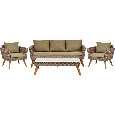 Conjunto de jardín de ratán sofá sillones con cojines verde oliva Vittoria XL (1/5)
