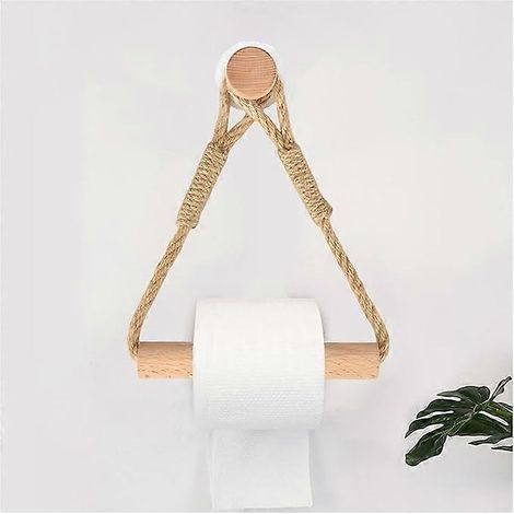 Porte-papier toilette mural en bois et corde, porte-rouleaux de papier toilette rustique à fixer au mur, accessoires de salle de bain en rotin style nautique avec adhésif sans joint. (1/4)