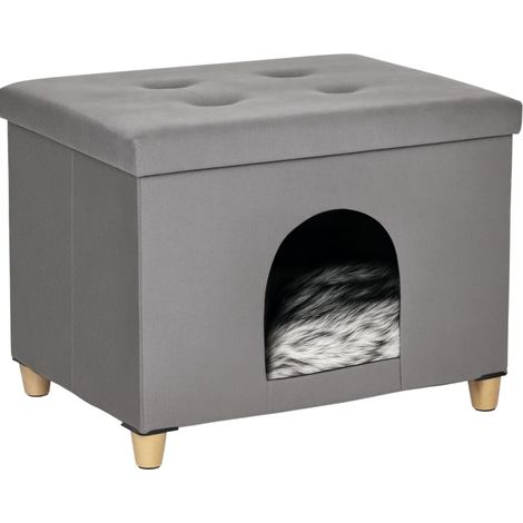 Cueva para gatos 2 en 1 con reposapiés y cojín MDF felpa gris 60 x 45 x 44,5 cm HOMVRA (1/5)