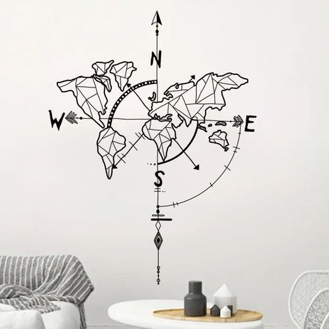 [JAMAIS UTILISÉ] Carte du Monde Stickers Muraux Boussole Nautique Autocollant Décoration Murale pour Salon Chambre Bureau (1/4)