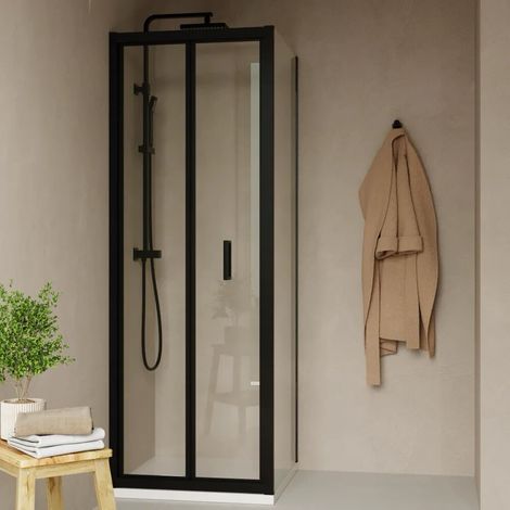 Cabine de douche 70x90 cm avec ouverture à livre et paroi fixe en verre transparent 6 mm profilés noir mat h185 Tonga (1/4)