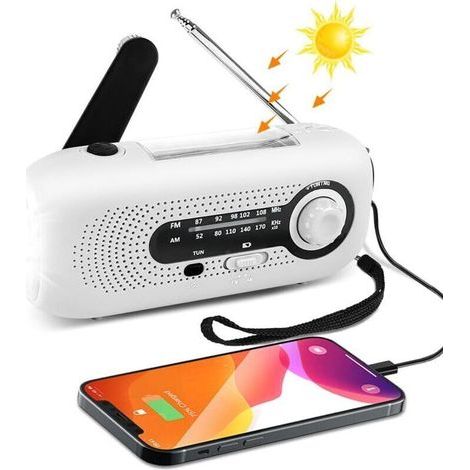 Tragbares Solar-Notfallradio mit Handkurbel, wiederaufladbarer 2000-mAh-Akku, LED-Taschenlampe, Handkurbel-Dynamo für Camping, Survival, Reisen und Notfälle (Weiß), von DEBUNS (1/5)