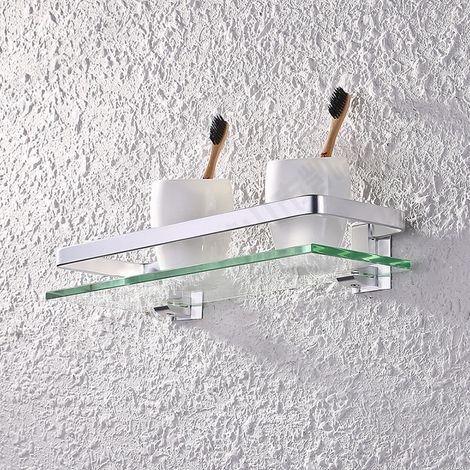 Étagère de salle de bain en verre, aluminium, verre trempé 8 mm, extra épais, 1 pièce, rectangulaire, 1 niveau de rangement, fixation murale, argent (1/5)