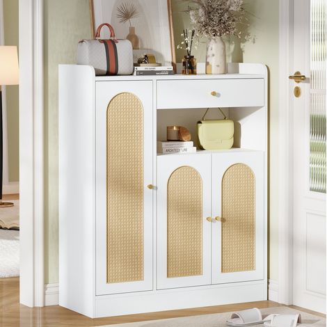 REDOM - Scarpiera - 90x35x110 cm - 3 ante e 1 cassetto - ripiani regolabili - MDF e pannelli di particelle - bianco e naturale