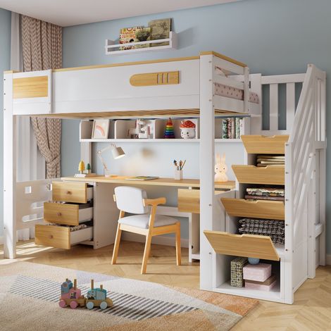 Lit mezzanine 90x200 cm pour enfant - Sommier à lattes inclus avec bureau escalier de rangement tiroirs et étagère suspendue - Bois massif et mdf - Blanc et bois naturel (1/5)