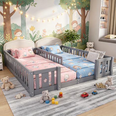 JOOKGBD- Doppel-Kinderbett 180x200 cm, Hausbett mit Rausfallschutz, Sternen-Design, Bodenbett für Geschwister, Montessori-Bett für Kleinkinder Babys, Massivholz-Gestell, mit Lattenrost, Grau