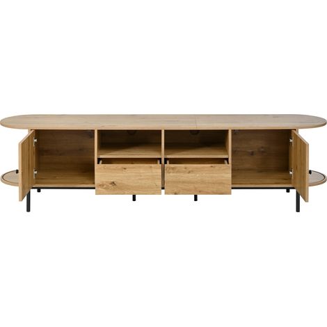 Meuble TV ovale en rotin, portes coulissantes, portes et tiroirs, aspect bois, pieds en métal, meuble de salon multifonction avec rangement (1/5)