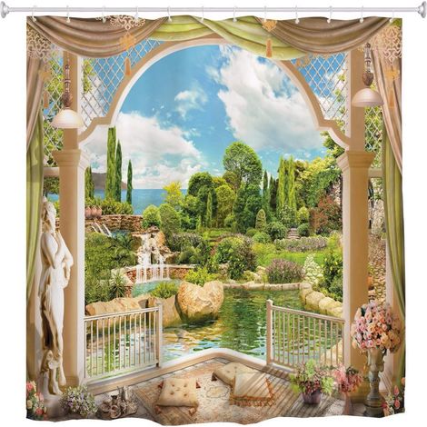 Balcon 3D Vue sur Le Jardin Fleurs Arbres Sculpture Palais Extérieur Nature Paysage Imprimer Étanche Longue Épais Tissu Polyester Rideau De Douche avec Crochets 180x180 cm / 72x72 (1/3)