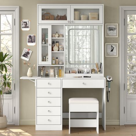 Coiffeuse avec miroir LED, 12 lumières, 11 tiroirs, 3 modes d’éclairage, prise intégrée, tabouret inclus, couleur blanc (1/5)