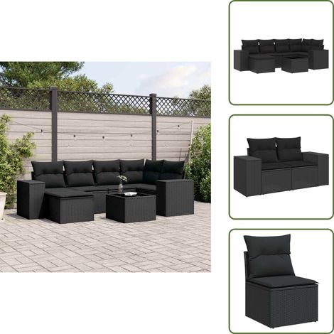 The Living Store Salon de jardin 7 pcs avec coussins noir résine tressée - Ensemble Salon De Jardin - Meuble De Jardin - Résine Tressée - Rotin Synthétique - Mobilier Extérieur (1/5)
