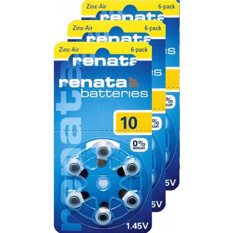 .3 blister de 6 piles auditives RENATA ZA10 ZINC AIR JAUNE.
.
.
