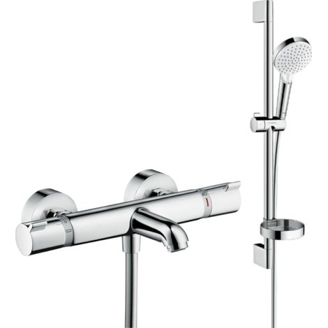 Conjunto de grifería termostática para bañera HANSGROHE Ecostat Comfort cromada + conjunto de ducha Crometta de 2 chorros en blanco/cromo