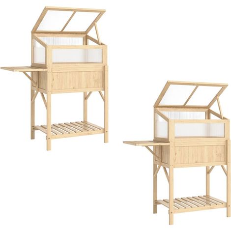 2er-Set hochbeet mit Frühbeetaufsatz aus Holz Pflanzkasten mit Gewächshaus klappbar Seitentisch Ablagefach Naturholz