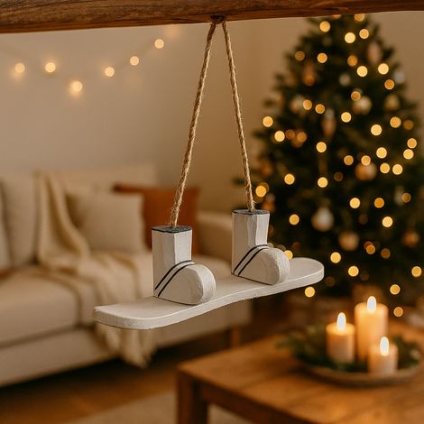 Pendaglio cortina snowboard bianco per decorazioni natalizie in legno di pino e iuta da 18 x 4,5 x 4h cm (1/4)