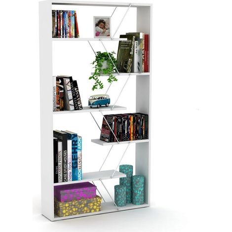 Libreria in legno 84x157h cm con struttura in metallo e ripiani colore bianco - Tars (1/4)