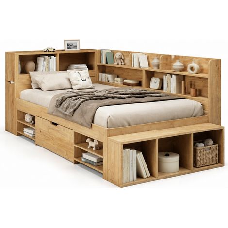 Lit enfant 90x200 avec rangements, tiroir, étagères et armoire intégrés, sommier à lattes, sans matelas, contreplaqué, CHICFURN (1/5)