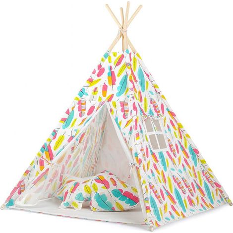Tienda tipi para niños + alfombra + almohadas + colgantes de plumas - Plumas de colores (1/5)