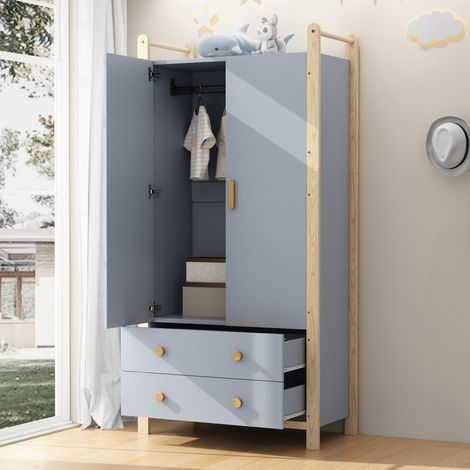 Armadio 2 ante con asta appendiabiti e 2 cassetti, 89,6 x 44 x 180,5 cm, blu e pino DESVIAE (1/5)