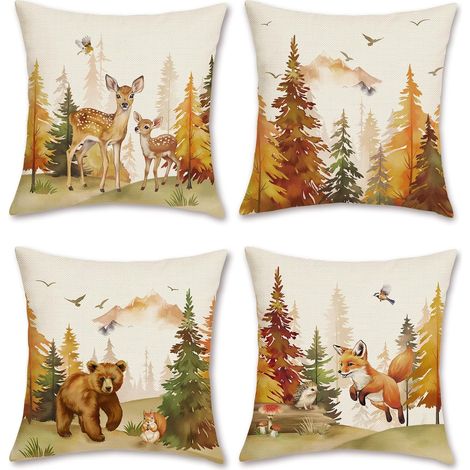 Housse de Coussin Animaux Forêt Automne 45 x 45 cm Cerf Ours Renard Pins Polyester Lin Décoratif Taie d'oreiller pour Canapé Salon Chambre 4 Pièces (1/4)