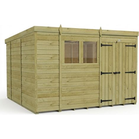 10ft x 10ft Pent Garden Shed Double Door With Windows - Pressure Treated Timber - L305 x W305 x H210 cm - Natural