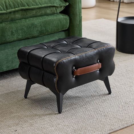 Pouf Repose-Pieds en Cuir Noir avec Poignée - 43x33x30cm - Tabouret Bas Multifonctionnel avec Pieds en Acier - Noir (1/5)
