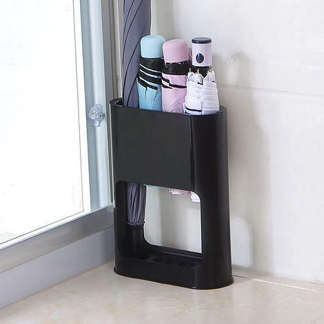 Paragüero de plástico con escurridor extraíble, organizador pequeño para decoración del hogar, oficina, paraguas largos y cortos, 28 x 22 x 9 cm, color negro (1/5)