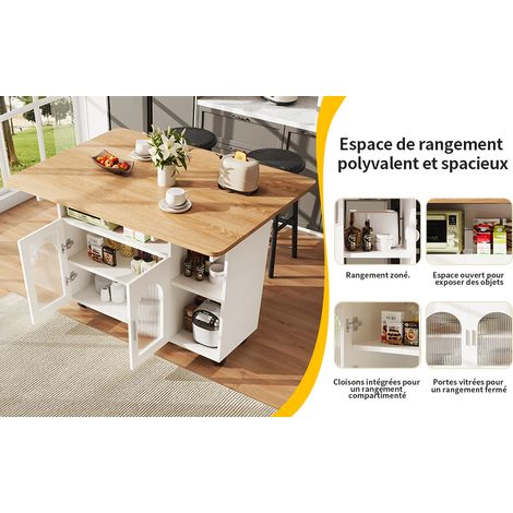 Îlot de cuisine moderne, île de la cuisine… Meuble de cuisine, étagère amovible pour les plats… Coiffeuse avec motif en bois… Table à manger multifonctionnelle, avec espace de rangement… Blanc. (1/5)