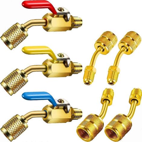 Vanne à bille coudée compacte pour réfrigérant de climatisation, 3 vannes à bille coudées et 4 adaptateurs utiles, SAE pour R410A, R134A, R12 et R22 (climatisation et chauffage). Adaptateur R410A. (1/4)