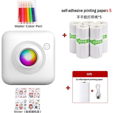 Imprimante thermique sans encre, imprimante d'étiquettes portable et sans fil avec papier d'impression auto-adhésif, stylo aquarelle et autocollants. (1/5)
