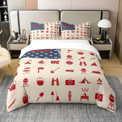 Happy Camping 100% Coton Housse de Couette 200x200cm Camping - Voitures Literie Set Drapeau Parure de Lit Ferme remorque Camping - Voitures Ensemble de lit avec 2 taie d'oreiller - 200 x 200 cm + 2 ta (1/5)
