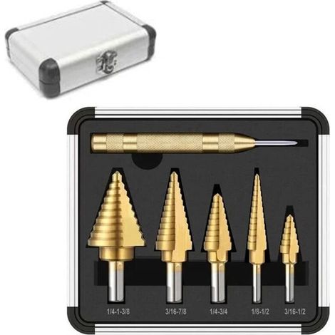 Lot de 6 forets étagés à tige triangulaire en titane et poinçon central automatique, doubles lames de coupe, acier rapide, plusieurs trous de 50 tailles avec boîtier en aluminium (1/5)