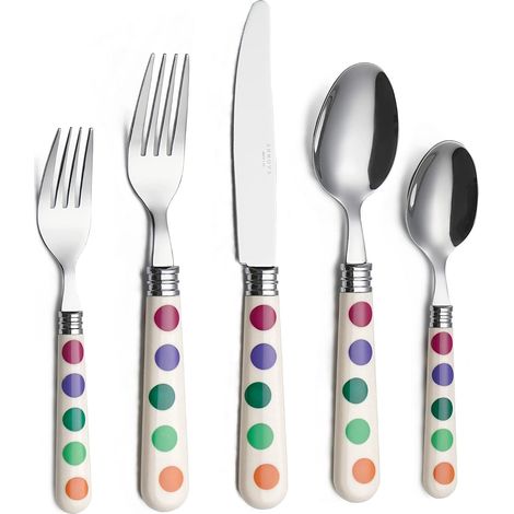 Ensemble de couverts en acier inoxydable colorés, comprenant des couteaux, fourchettes, cuillères, fourchettes à salade et cuillères à dessert (Puka Dots, 20 pièces) (1/5)
