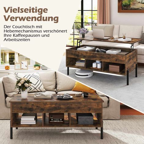 Verstellbarer Couchtisch mit Liftplatte, Stauraum, Braun
