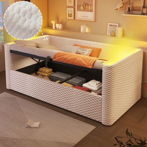Divano letto, 90 x 200 cm, con illuminazione a LED, meccanismo di avvolgimento idraulico, base a doghe (materasso non incluso), velluto, beige