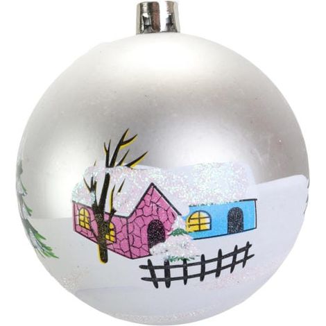 Boule de Noël en plastique argentée à motif de maison de campagne, 8 cm (1/5)