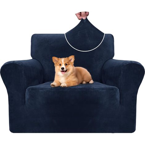 Housse Fauteuil Velour 1 Place, Housse Canape Extensible avec Accoudoirs, Universelle Sofa Cover Antidérapante, Protection Couvre Canapé Anti Poils Animaux, Lavable, Bleu Foncé (1/5)