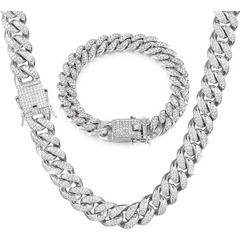 Mens Cuban Link Chain Miami Cuban Necklace Bracelet Bling Diamond Chain for Mens Women