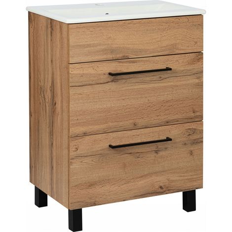 Waschtischunterschrank mit Waschbecken Wotan Eiche 60 cm, 2 Schubladen mit Soft-Close-Funktion auf Füßen
