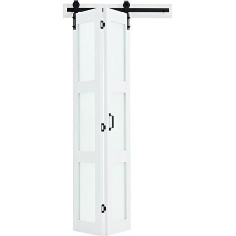 Mophorn Faltbare Schiebetür im Scheunentor-Stil 914x2134 mm, MDF + gehärtetes Glas, mit Beschlagsatz, platzsparendes Design, vormontierte Paneele für Schlafzimmer und Wohnzimmer in Weiß (1/5)