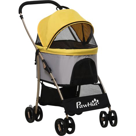 Poussette 2 en 1 pour chien avec sac de transport, pliable, fenêtre filet, tissu Oxford, 4 roues, coussin, jaune